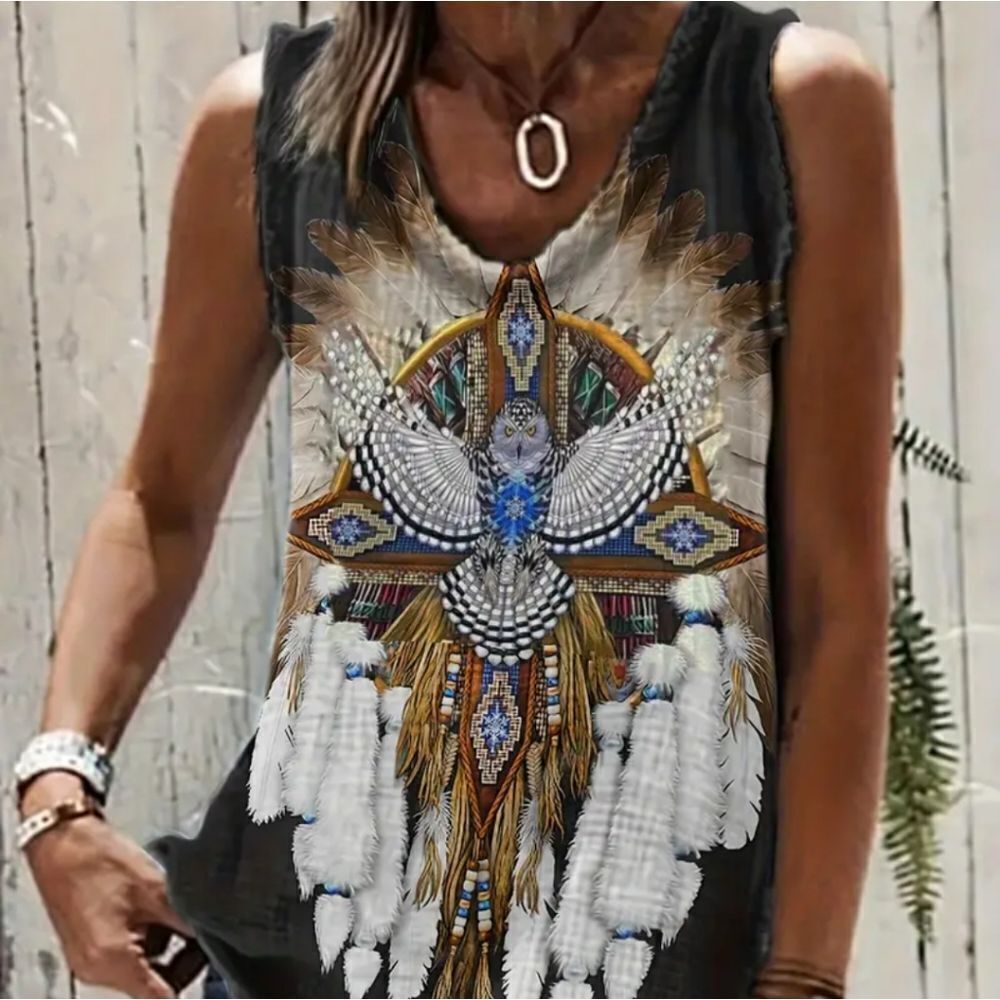 Women's Sleeveless Feather Dreamcatcher Tank Top - White & Brown - Picture 2 of 7